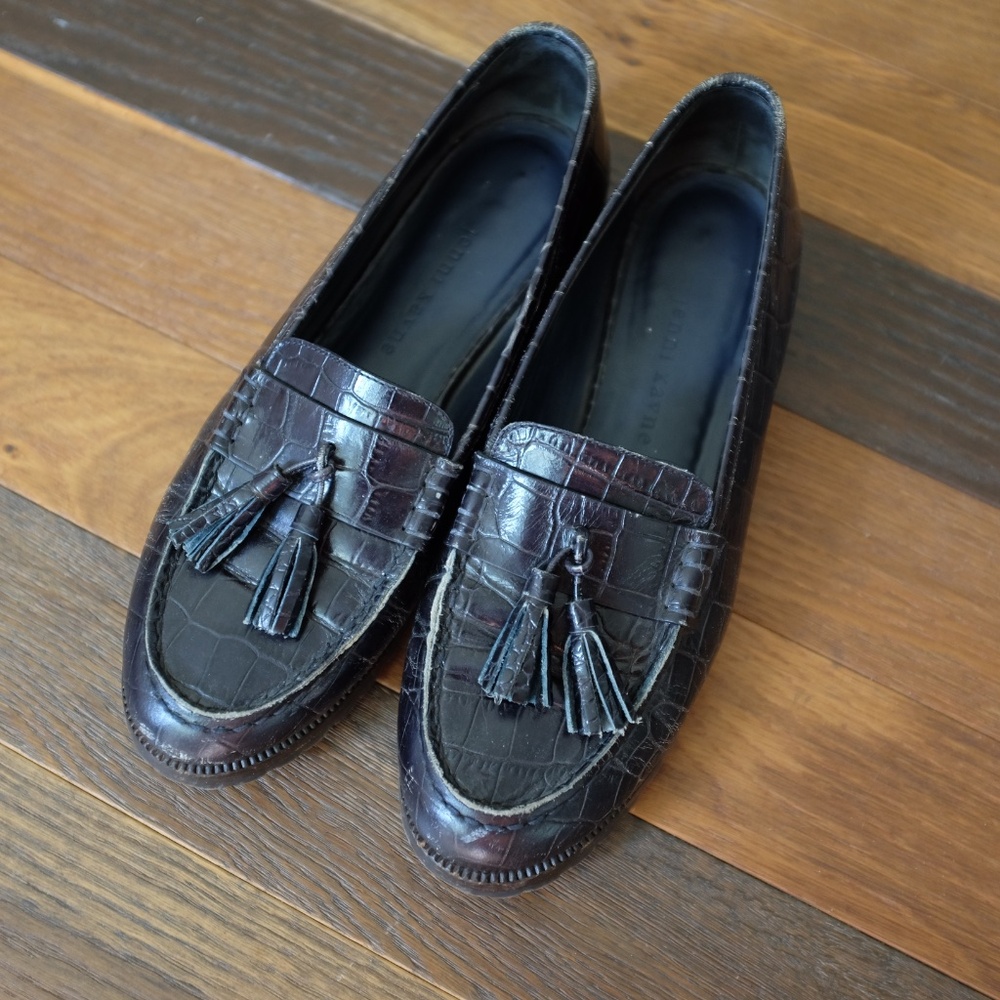 Jenni Kayne Oxford Leather Loafers Closed Toe Tassels Blue Textured Size 40